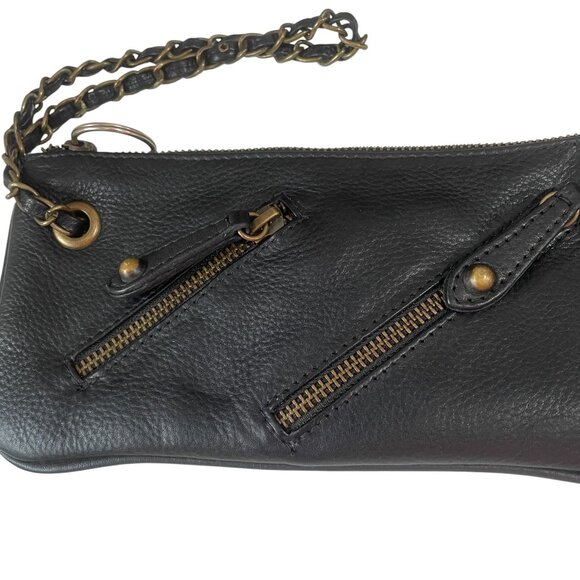 Betsey Johnson Black Leather Wristlet Punk Rock Clutch Chain Zipper Edgy Bag - Picture 5 of 7